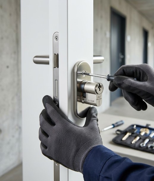 Técnico cerrajero instalando cerradura de seguridad antibumping en puerta en Centre - Cordelles